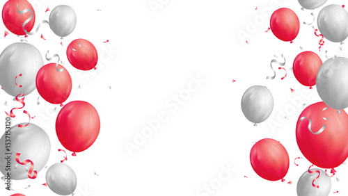 1st July Canada national day template or frame seamless vertical with red, silver color balloons, ribbon and confetti