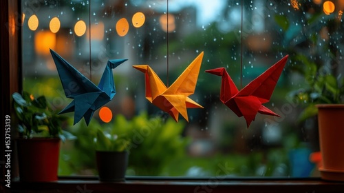 Colorful origami birds hanging from window