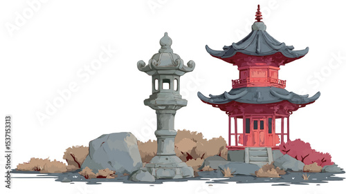 A digital illustration depicting a stylized scene featuring a red and black multi-tiered pagoda, a grey stone lantern, and various grey rocks and brown grass elements.  The style is illustrative