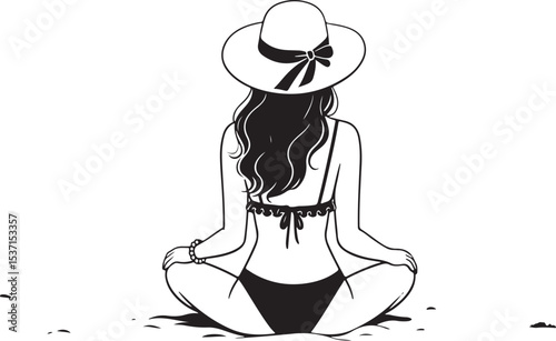 Beautiful silhouette vector illustration of a woman sitting in a lotus yoga pose, relaxing in meditation with her hair flowing, perfect for people seeking fashion and love