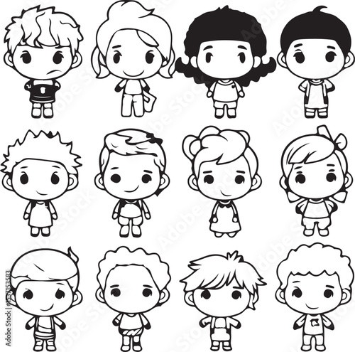 Funny cartoon faces set with happy people, kids, and family character design vector illustration