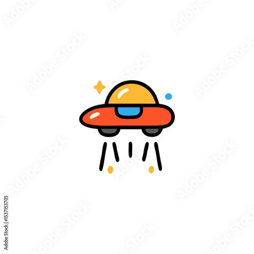 Cartoon UFO Spaceship Flying in Space with Stars and Planets Icon Illustration isolated on transparent background