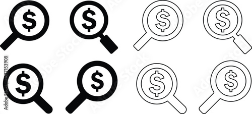 Collection of magnifying glasses over a us dollar sign representing financial analysis and searching