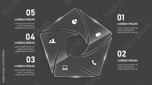 3D Glass Circle Infographic. 5 Step Business Timeline Chart with Arrows, Icons, and Web Interface Elements