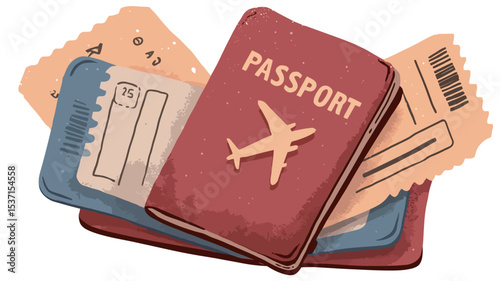 A digital illustration depicting a red passport with a stylized airplane icon on its cover.  The passport is shown stacked with two boarding passes, one light orange and one blue.