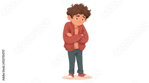 A digital illustration depicting a young boy with brown curly hair. He is wearing a red zip-up jacket and blue pants, standing with his arms crossed across his chest.  His expression is one of