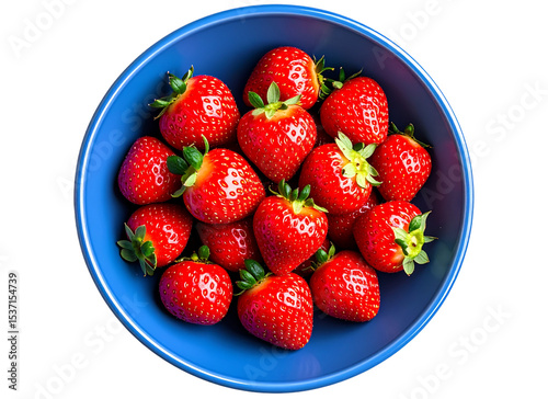  Top View of Strawberries in a Matte Blue Bowl, Clean and Minimalist Style, Transparent Background