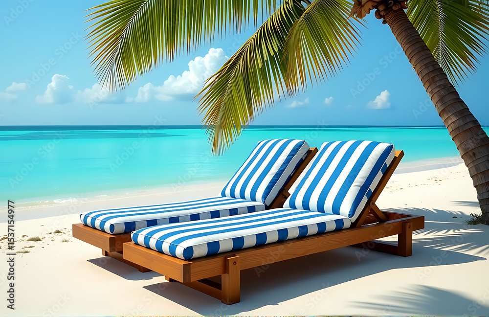 Obraz premium wooden beach lounger blue white striped cushions palm tree tropical