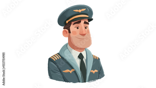 A digital illustration of a cartoon male pilot. The pilot is depicted from the chest up, wearing a dark blue uniform with gold epaulets and a dark tie. He has short dark brown hair and a happy