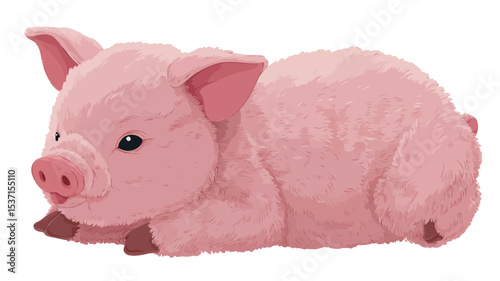 A digital illustration of a pink pig lying down. The pig is depicted in a cartoonish style with soft, fluffy fur and large, expressive eyes. The color palette is primarily soft pink