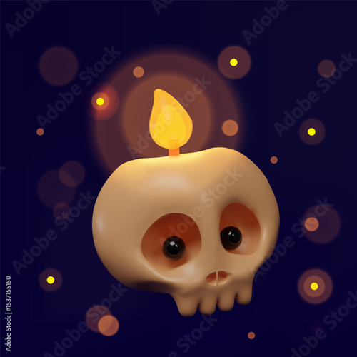 3d Halloween skull-candle banner. Three-dimensional vector illustration design for spooky party invitation. Autumn evil night concept poster. Happy scary Skeleton character on glowing card.