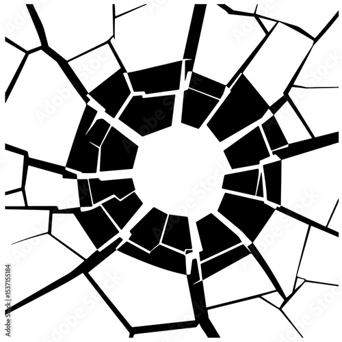 Black and white cracked glass effect, circular design element, vector illustration