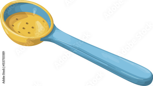 A digital illustration of a slotted spoon. The spoon is primarily yellow with a blue handle. The bowl of the spoon is round and perforated with small holes. The handle is long and slightly curved.