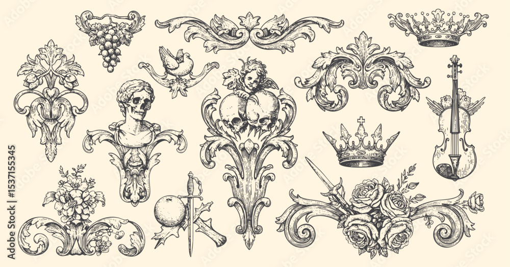 Ταπετσαρία Hand drawn vector retro ornaments. vintage luxury royal vignette