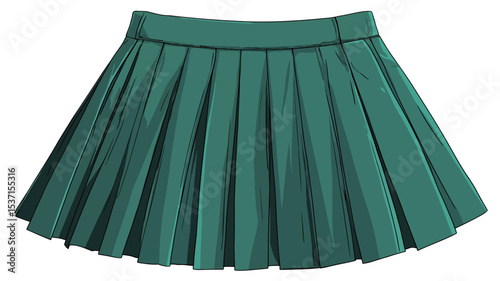 A full-frontal, studio shot of a teal pleated mini skirt.  The skirt is A-line in shape with evenly spaced pleats radiating from the waistband.  The fabric appears to be a smooth