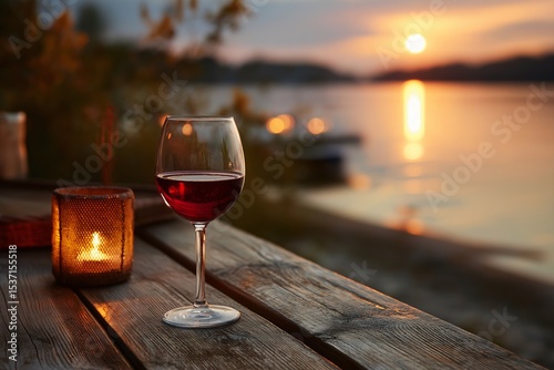 Fototapeta Naklejka Na Ścianę i Meble -  A glass of red wine with a candle during sunset near lake