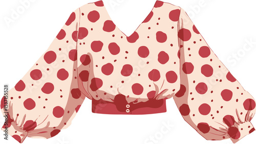 Digital illustration of a women's blouse. The blouse is cream-colored with a red polka dot pattern. It features a V-neck, long puff sleeves, and a fitted cropped bodice with a red band at the