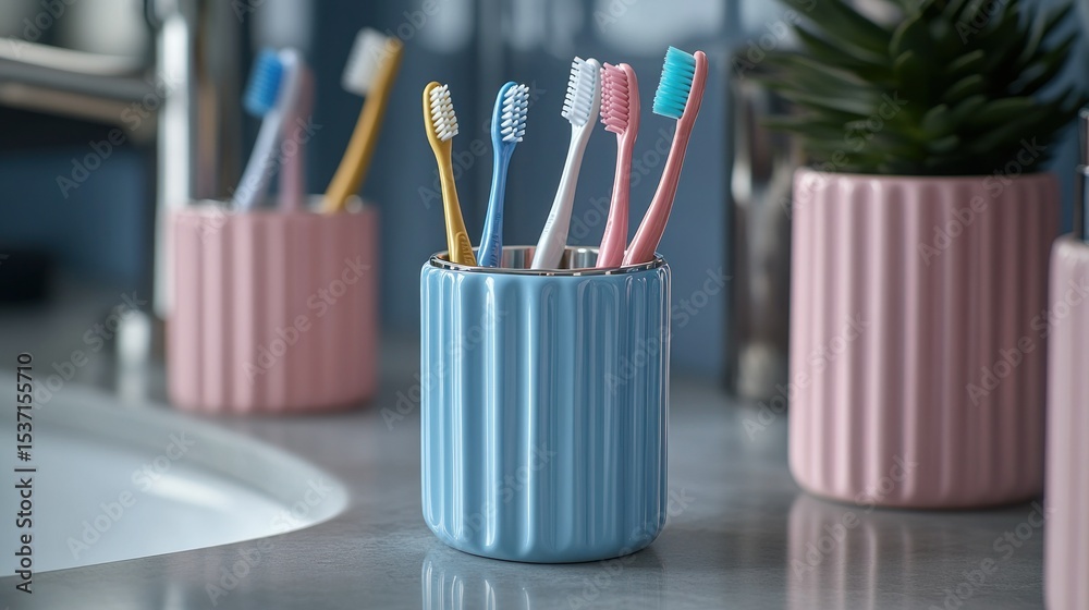 Obraz premium Colorful toothbrushes in a stylish holder on a bathroom countertop