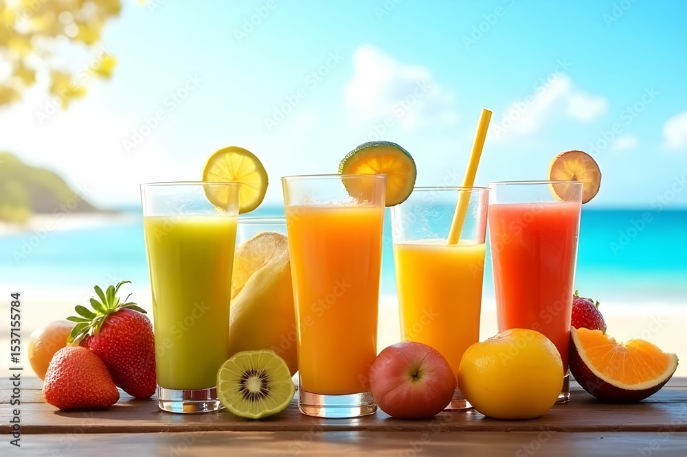 Fototapeta premium Collection of fresh fruit smoothies on blurred beach background. Fruit juices. A refreshing summer beverage. Tropical fruits