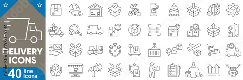 Delivery flat icons set. Minimal line icons featuring worldwide shipping, courier, package tracking, cargo, express mail, secure transportation and more. Vector illustration with editable stroke
