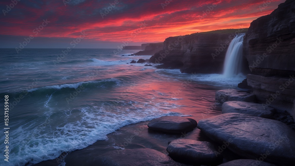 Fototapeta premium Coastal Waterfall Flowing into Ocean with Red Sunset Sky Reflection