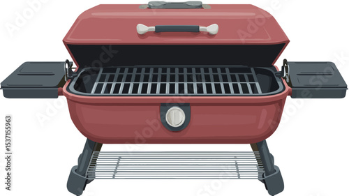 A studio shot of a small, red, compact gas grill. The grill is rectangular with a slightly curved top and is open, showcasing the grill grates inside.  It features black accents on the handles,