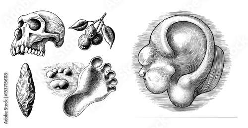 Vector Evolutionary Anthropology Elements: Skull Foot Fruit and Primate