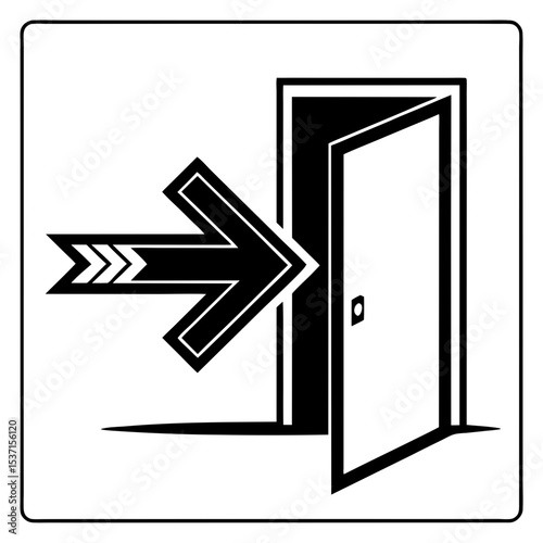 Bold arrow pointing to open door silhouette graphic
