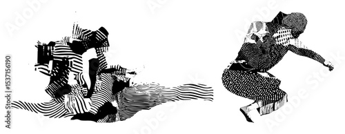 Vector Dynamic figures in striped vector showcase movement and energy.