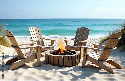 vintage beach chair collection arranged around driftwood fire