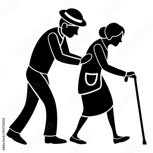 Elderly couple walking together silhouette illustration
