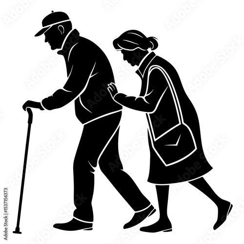 Elderly couple walking together silhouette illustration