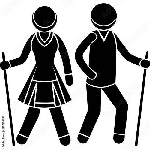 Silhouette of a senior couple walking with trekking poles silhouette