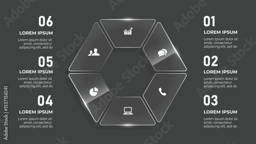 3D Glass Circle Infographic. 6 Step Business Timeline with Hexagon Elements, Icons, and Web Technology Design