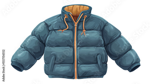 A digital illustration of a teal puffer jacket with an orange lining. The jacket is shown from the front, with a visible zipper closure and a drawstring hood. It features a quilted design with