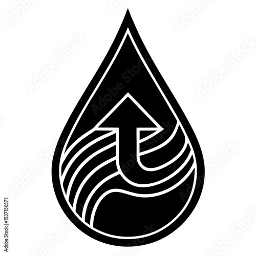 Abstract water drop with upward arrow silhouette graphic design