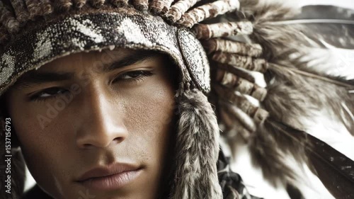 Young man in traditional headdress, serene expression