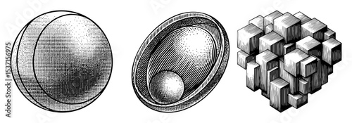 Vector Geometric illustrations featuring an egg  and impossible cube.
