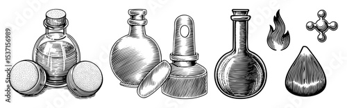 Vector Vintage apothecary bottles and alchemical symbols .