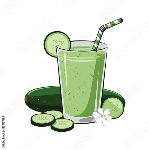 A refreshing green cucumber smoothie in a tall glass with a straw, surrounded by freshly sliced cucumber pieces and a whole cucumber in the background.
