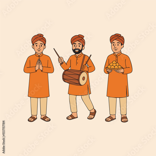 Indian Sikh Men Wearing Kurta Character set