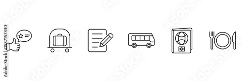 Hotel outline icons set. Hotel universal set with Building, Parking, Meal. Hotel services, recreational rest, relax, travel. Vector illustration.