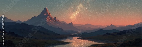 Majestic mountain landscape under a starlit sky and shimmering river at dusk