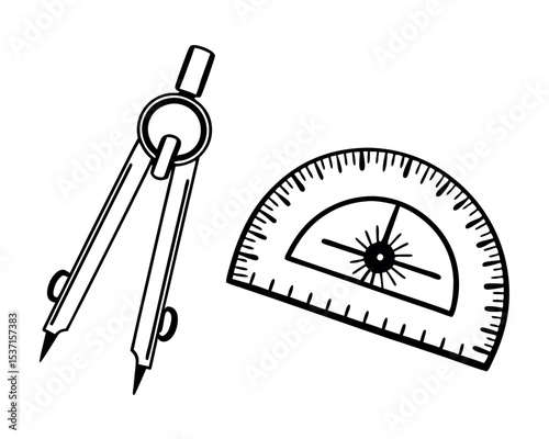 Geometric drawing tools silhouette compass and protractor illustration
