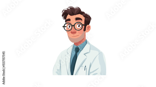A digital illustration of a smiling cartoon doctor.  The doctor is a male, light-skinned individual wearing round glasses, a white lab coat, and a dark tie. The style is cartoonish with a simple,