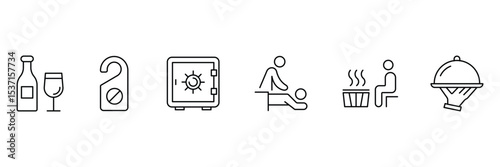 Hotel outline icons set. Hotel universal set with Building, Parking, Meal. Hotel services, recreational rest, relax, travel. Vector illustration.