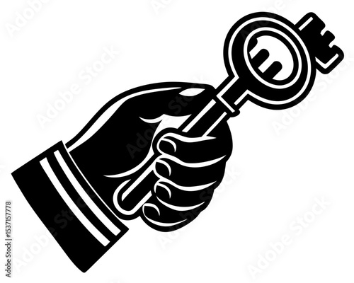 Hand holding a large key silhouette vintage style illustration