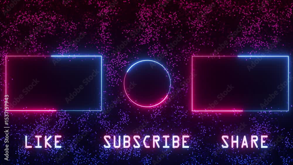 vibrant neon outro screen: like, subscribe, share with abstract particles