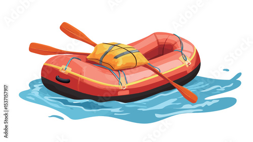 A digital illustration depicts a red inflatable raft floating on blue water. Two orange oars rest on top of the raft.  A yellow waterproof bag or container is secured on the raft.
