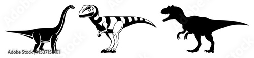 Vector Distinct dinosaur illustrations showcase a brachiosaurus raptor skeleton and tyrannosaurus silhouette.